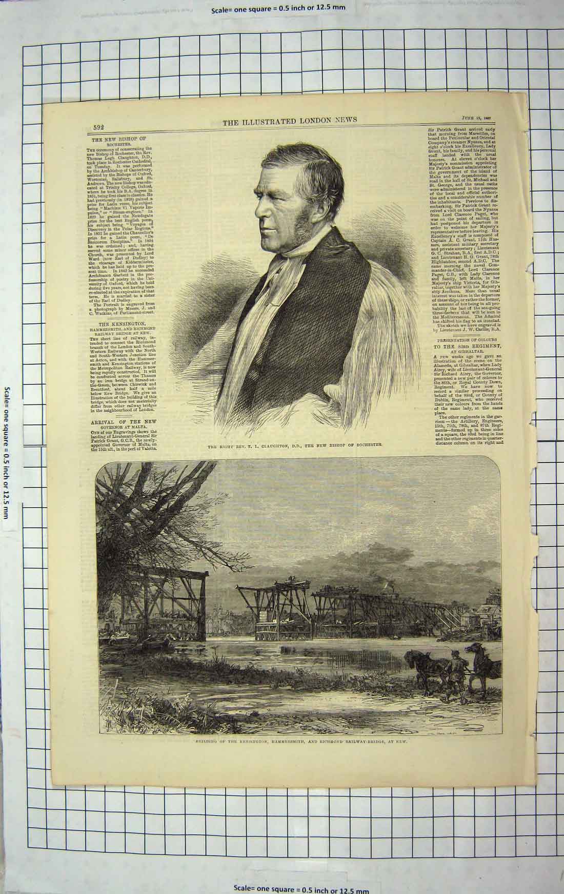Old Antique Print 1867 Rev. Claughton Bishop Rochester Railway Bridge Kew 19th