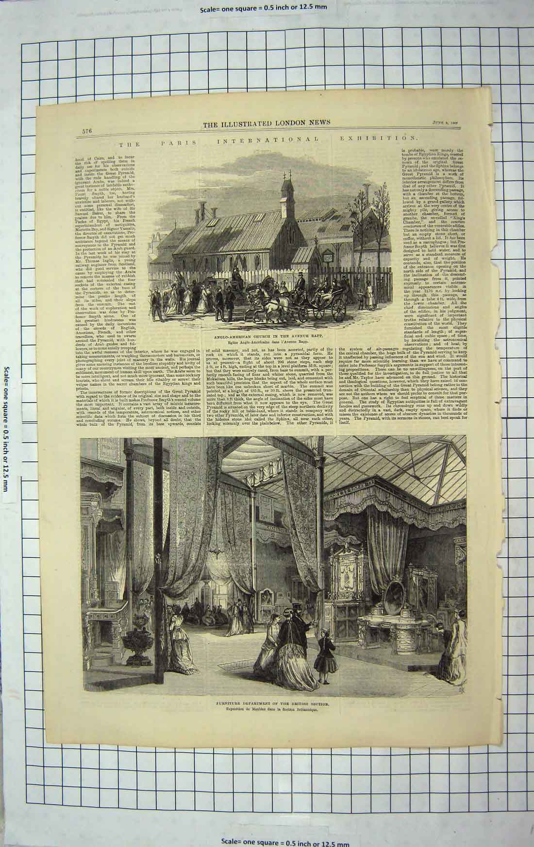 Old Antique Print 1867 Paris Exhibition Anglo-American Church Furniture 19th
