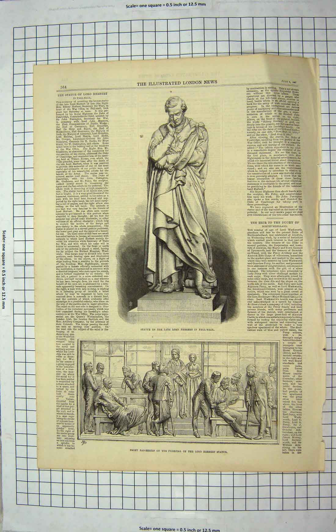 Old Antique Print 1867 Statue Lord Herbert Pall-Mall Bas-Relief Pedestal 19th