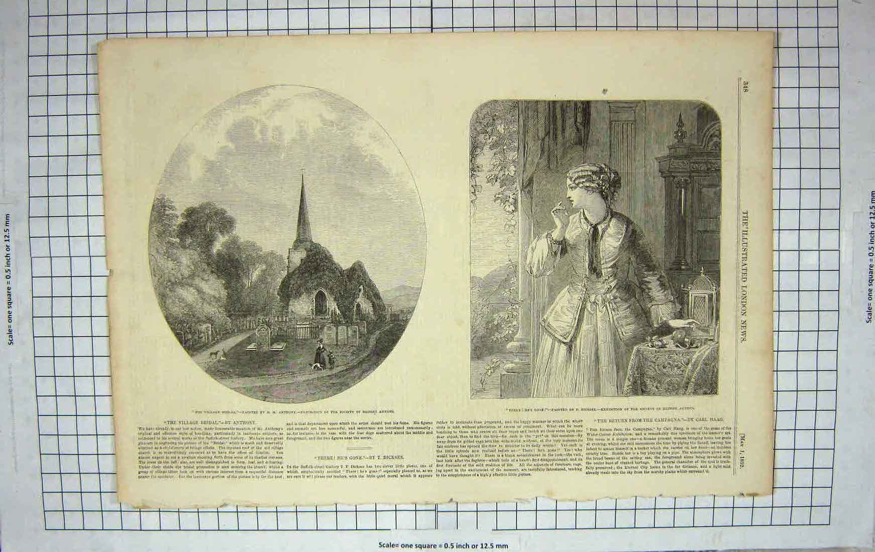 Original Old Antique Print 1852 Village Church Beautiful Girl 19th