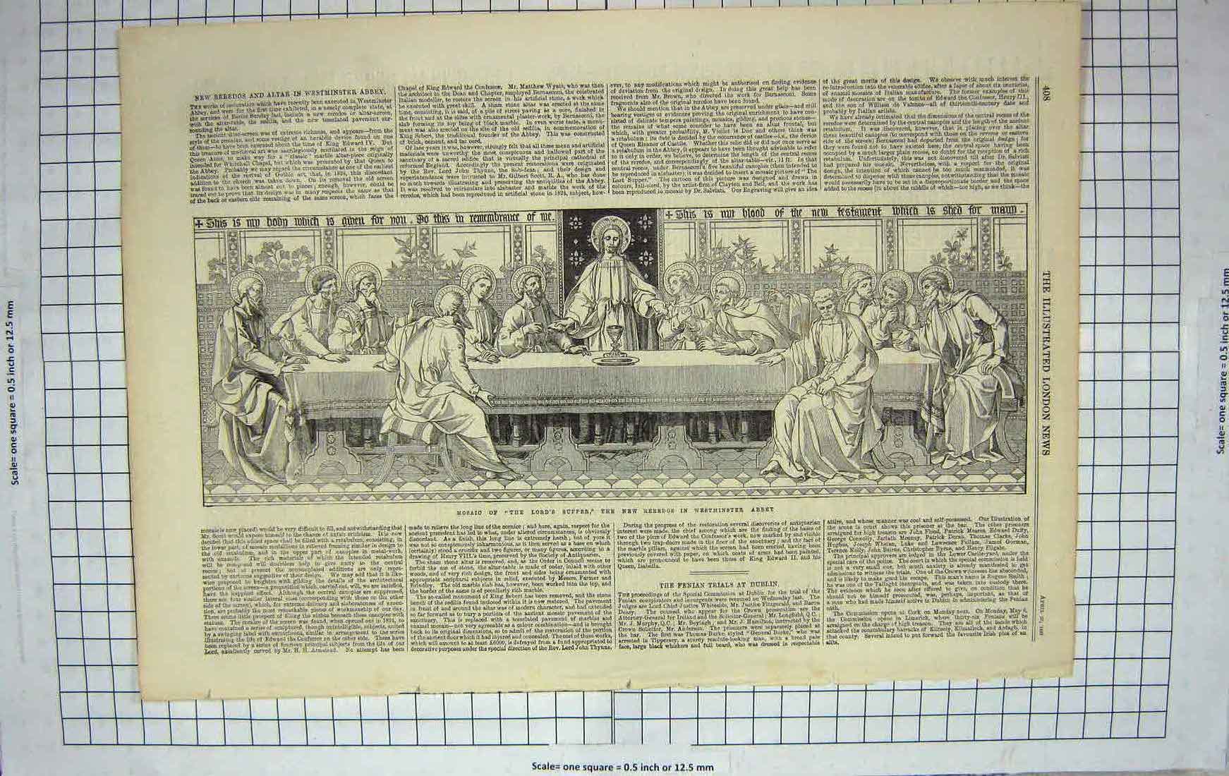 Original Old Antique Print 1867 Mosaic Lord'S Supper Reredos Westminster Abbey