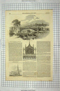 Original Old Antique Print 1851 Victoria Bridge Windsor London Landscove Church