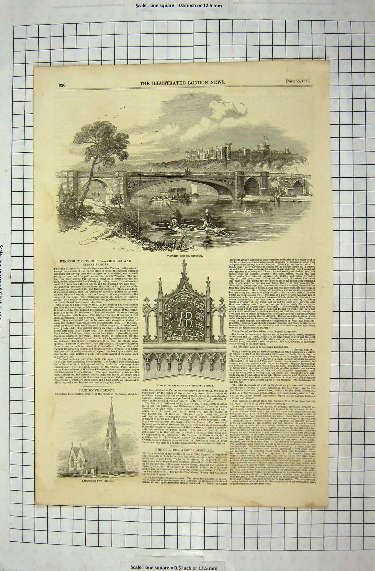 Original Old Antique Print 1851 Victoria Bridge Windsor London Landscove Church