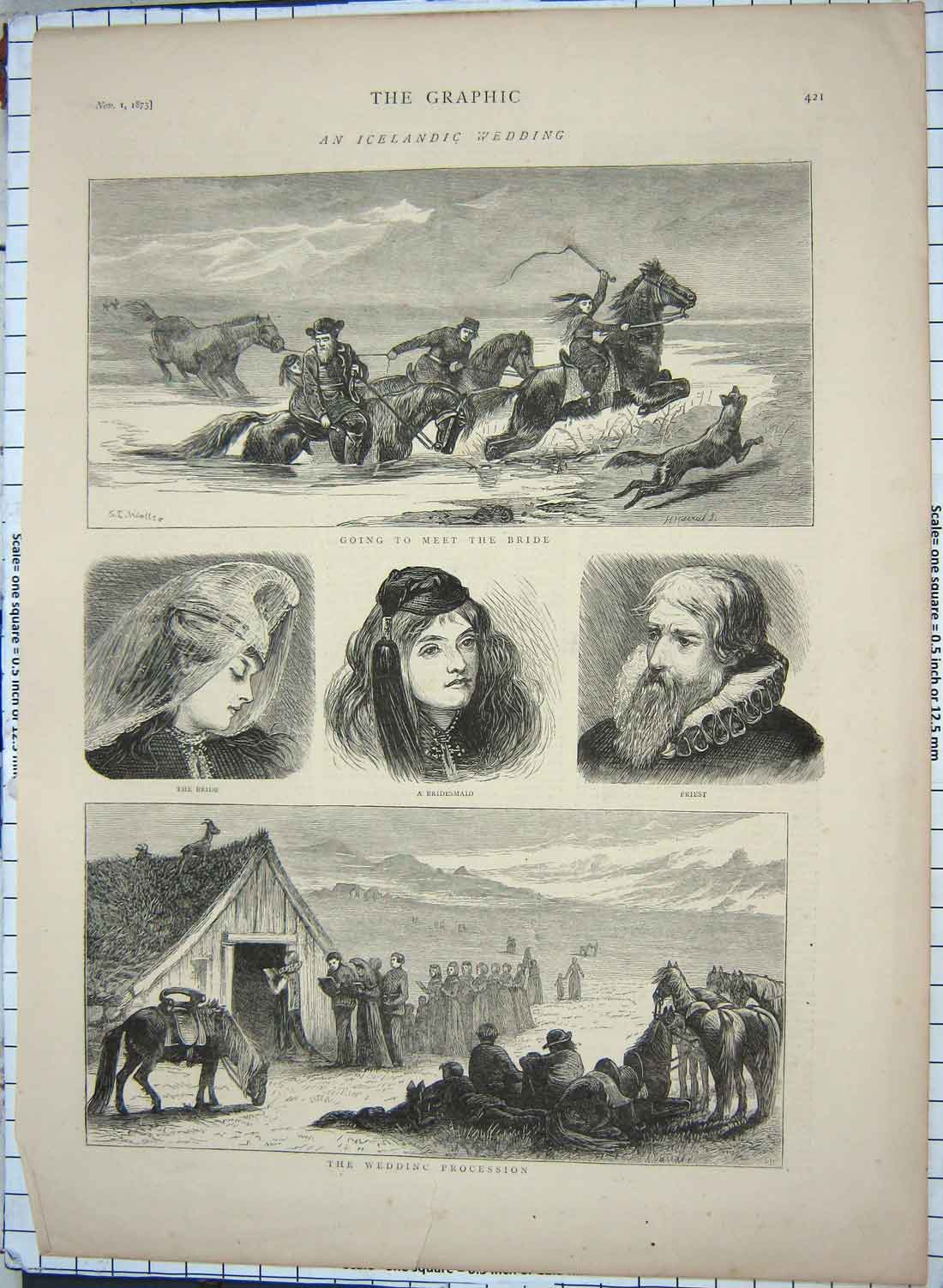 Old Antique Print 1873 Iceland Wedding Procession Priest Bride Marriage 19th
