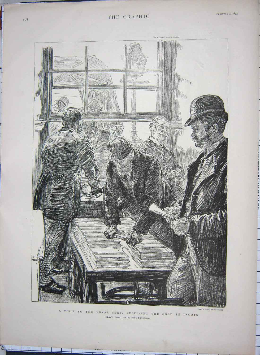 Original Old Antique Print 1893 Royal Mint Hughes GIngots Rigg Chief Clerk 19th