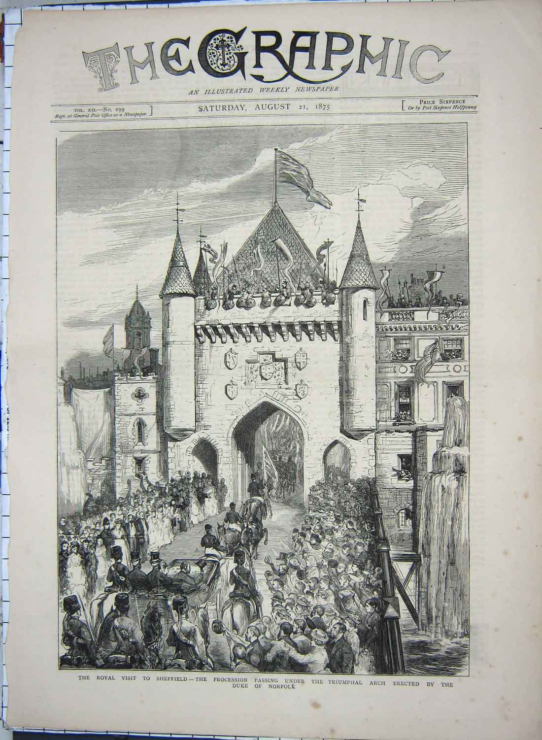 Original Old Antique Print 1875 Queen Sheffield Triumphal Arch Duke Norfolk