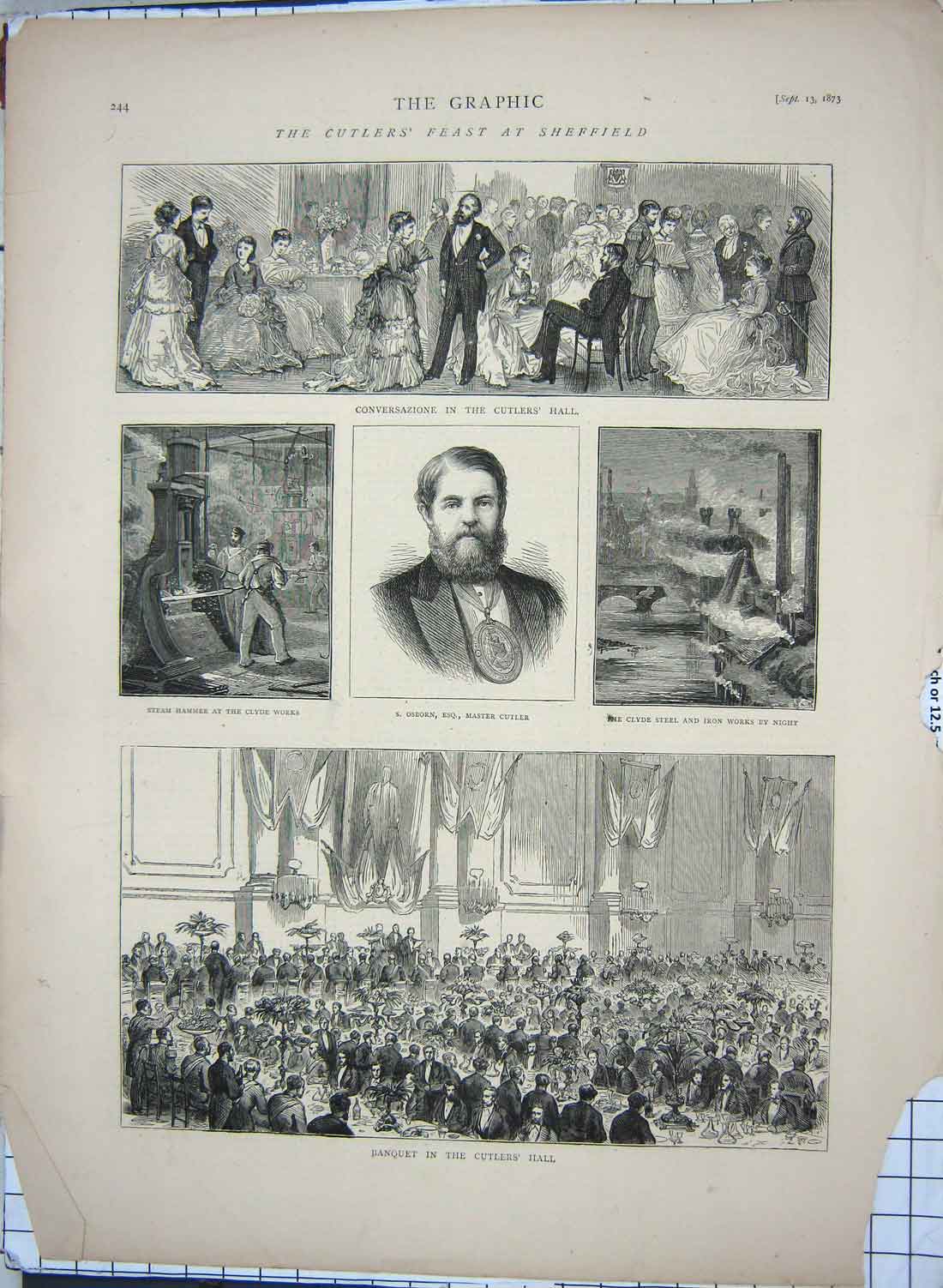 Original Old Antique Print 1873 Cutler Feast Sheffield Osborn Clyde Steel Works