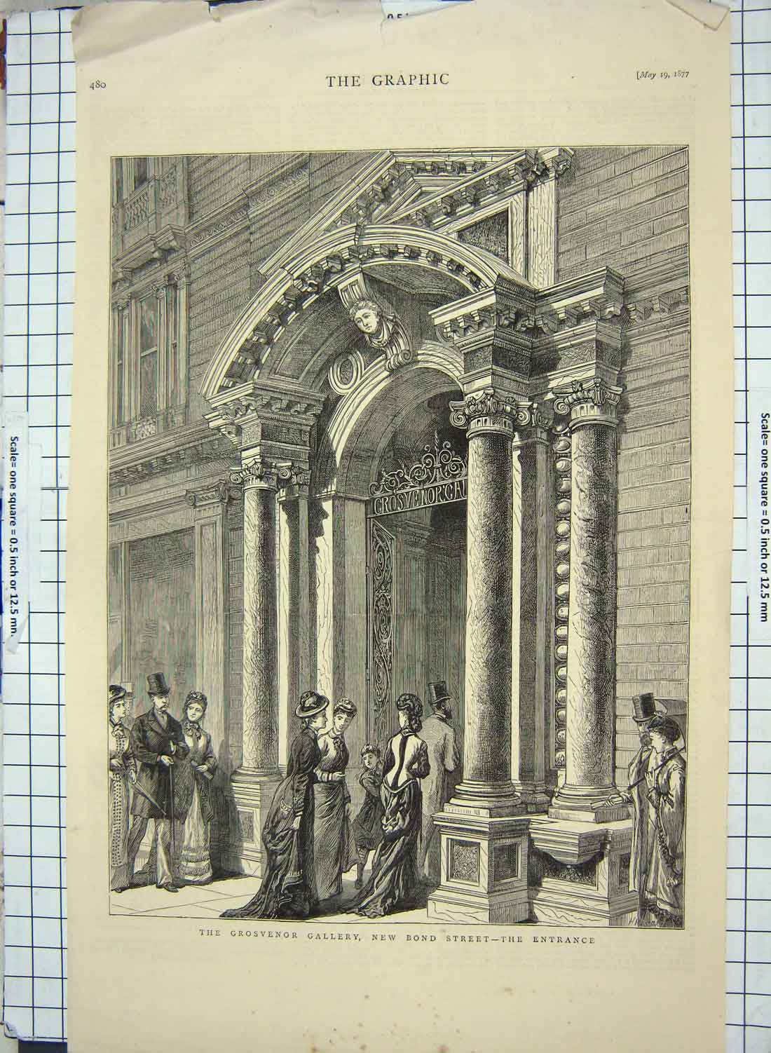 Old Antique Print 1877 Gorsvenor Gallery Bond Street London Architecture 19th