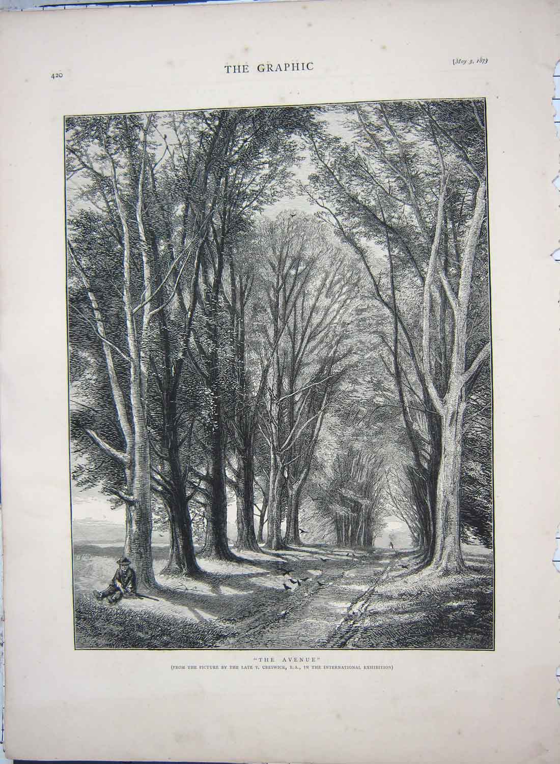 Original Old Antique Print 1873 Fine Art Creswick Avenue Trees Woods Birds 19th