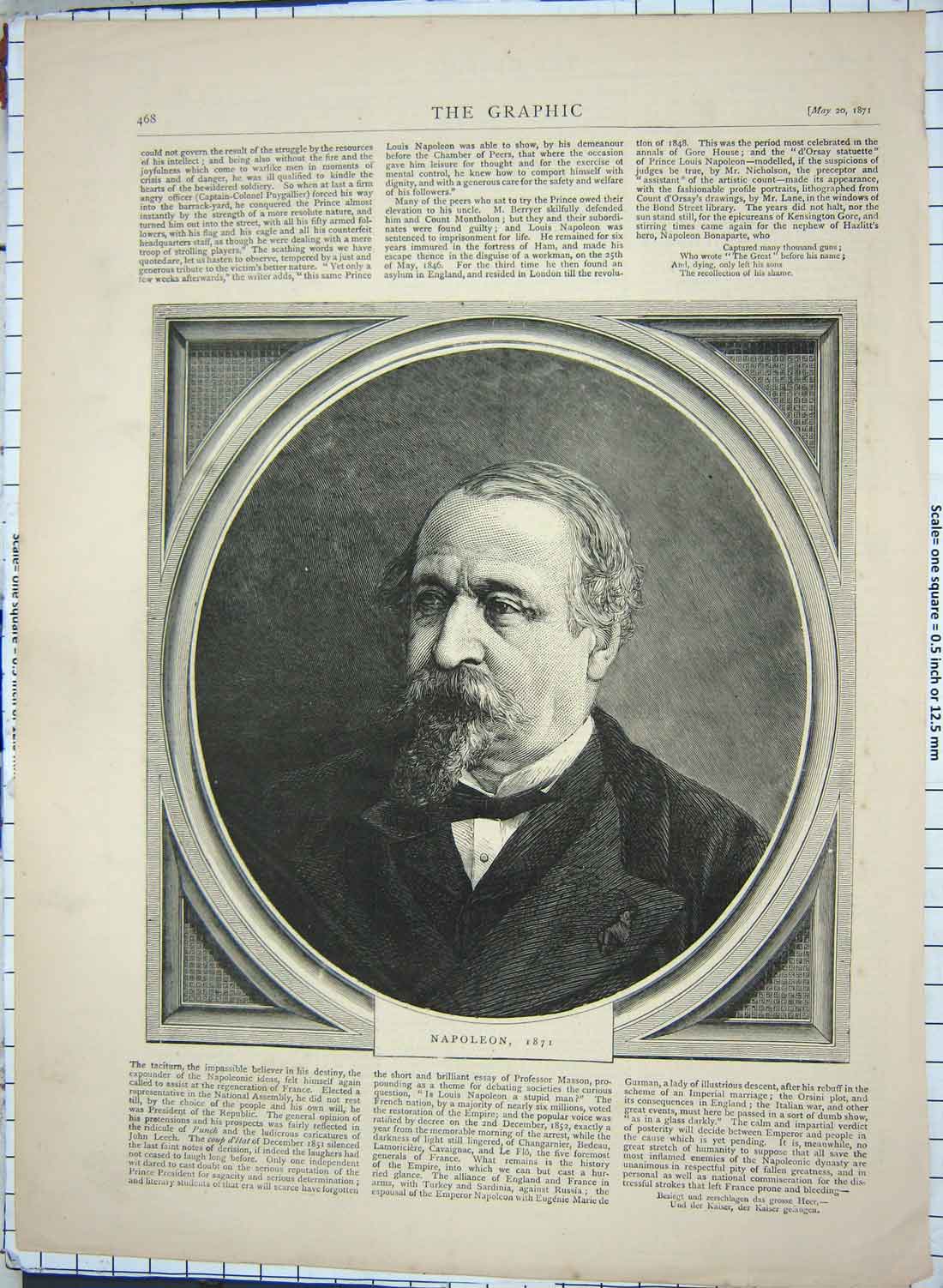 Original Old Antique Print 1871 Portrait Napoleon 19th Century