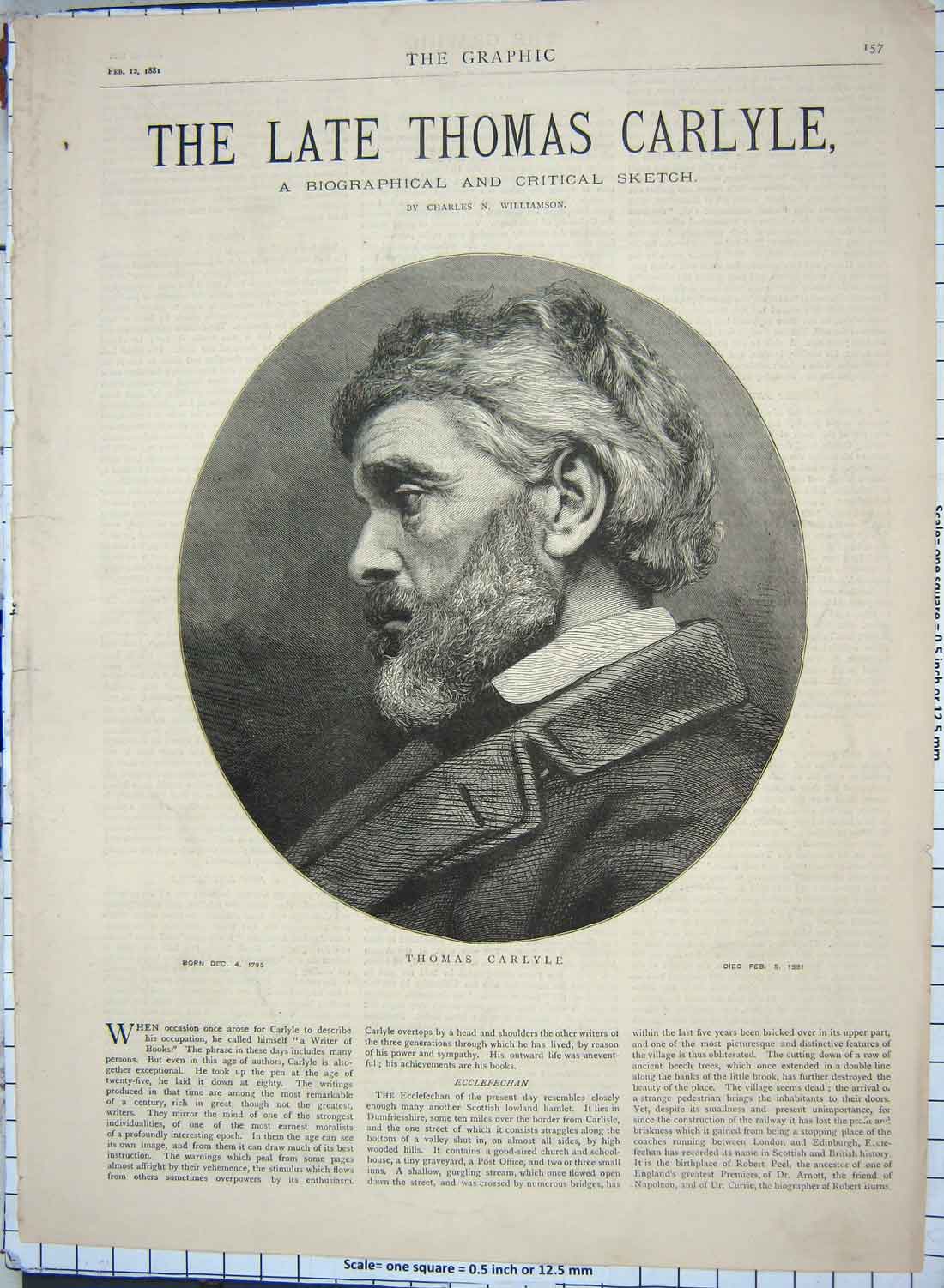 Original Old Antique Print 1881 Portrait Thomas Carlyle 19th Century