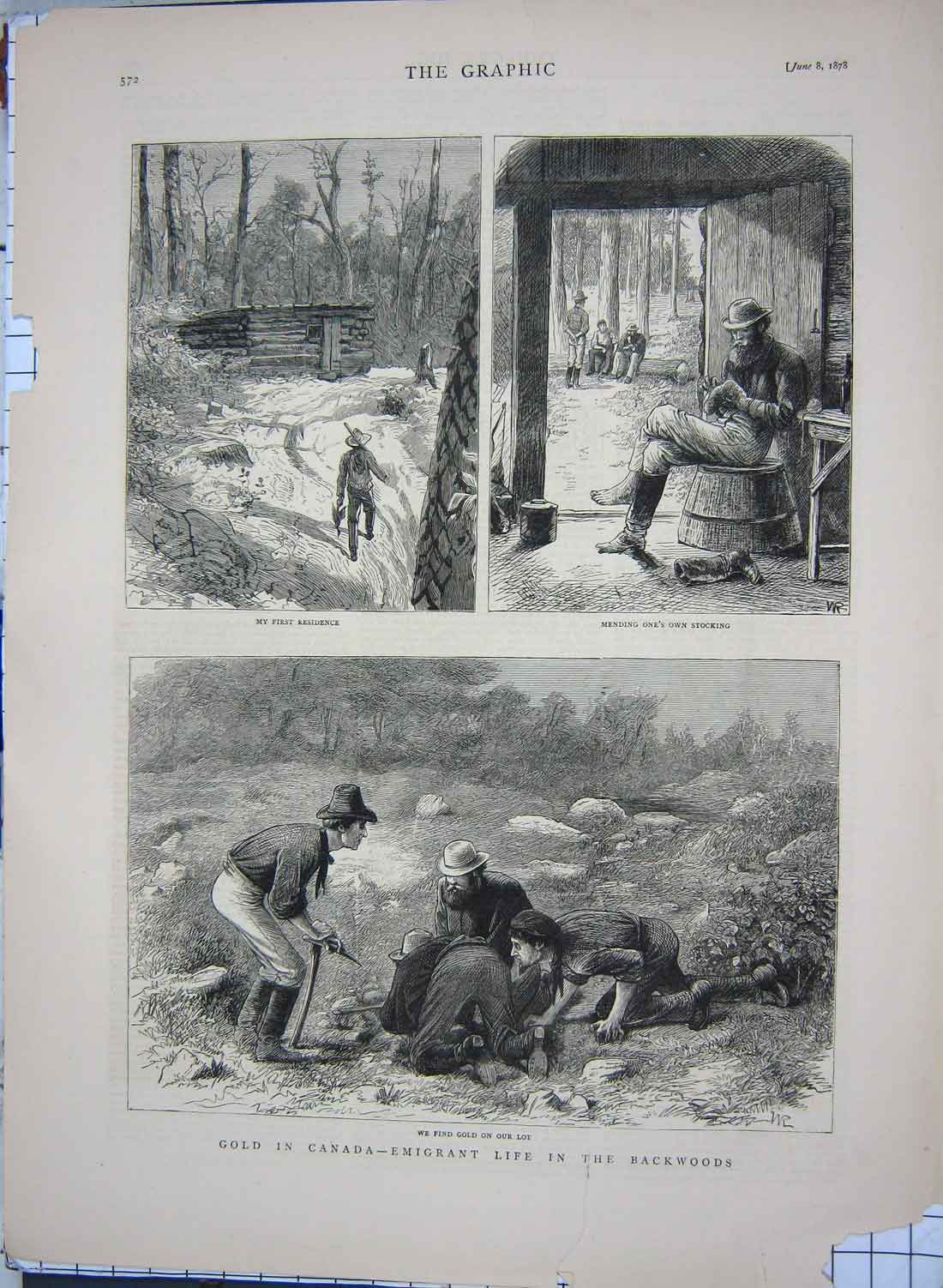 Original Old Antique Print 1878 GCanada Emigrant Life Backwoods Mining 19th