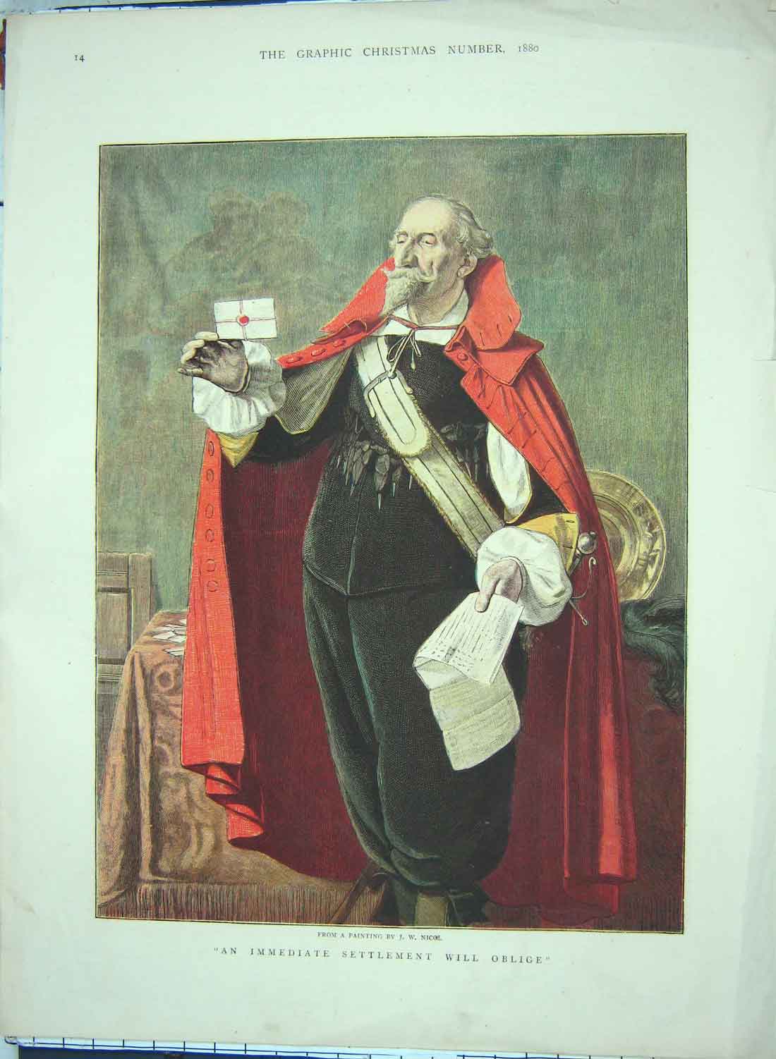 Original Old Antique Print 1880 Colour Portrait Man Reading Letter Nicol 19th