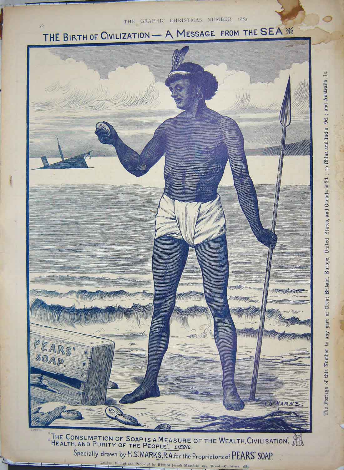 Old Antique Print 1885 Advertisement Pears Soap Sea Ship Native Man Spear 19th