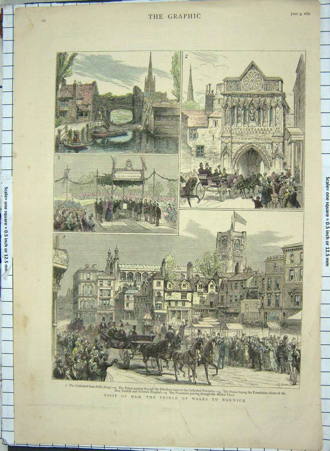 Original Old Antique Print 1879 Colour Prince Wales Norwich Ethelbert Gate 19th