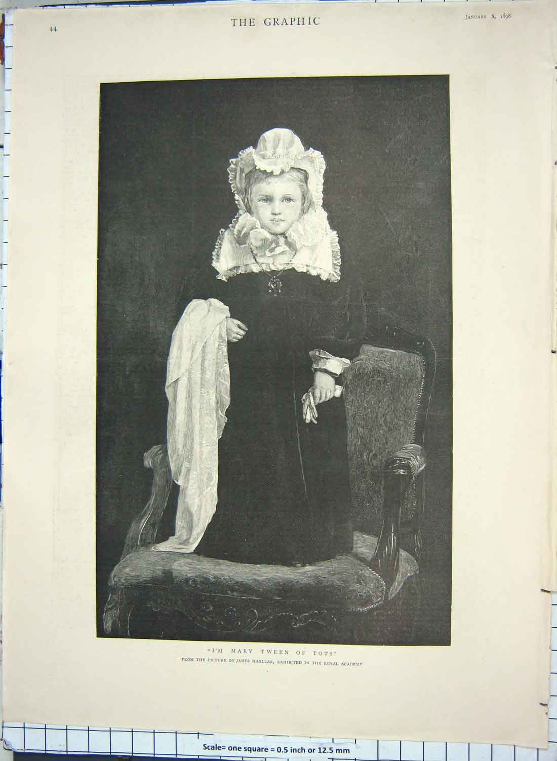 Original Old Antique Print 1898 Hayllar Fine Art Littl Girl Dressed Queen Mary