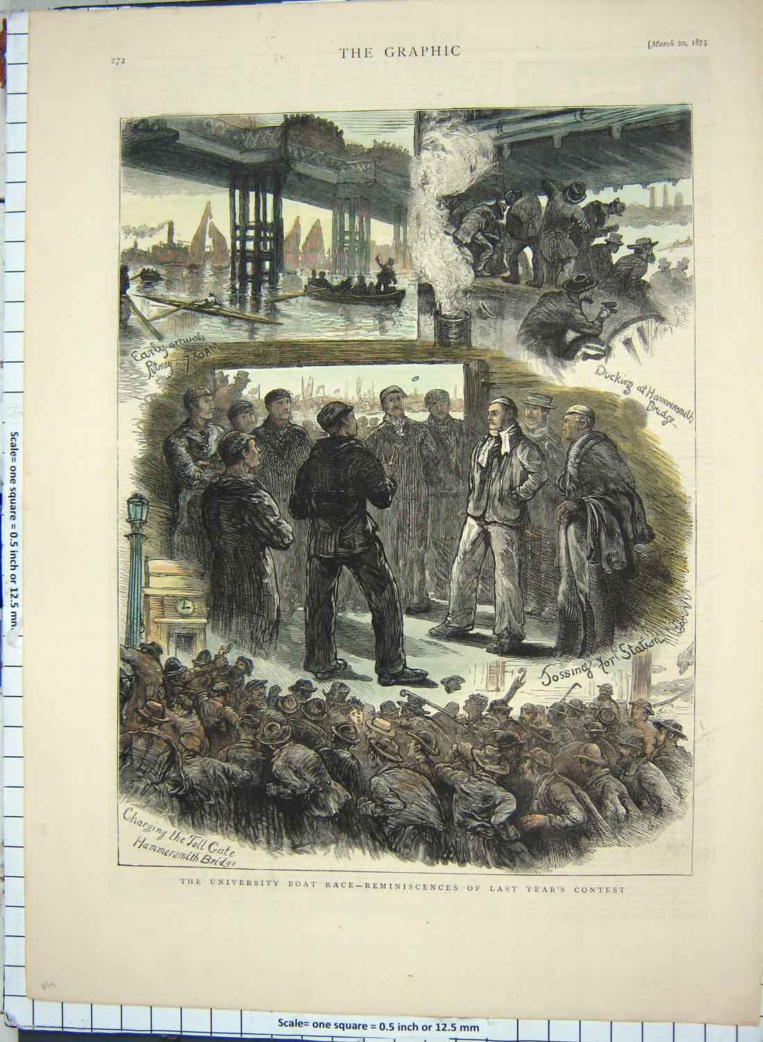 Original Old Antique Print 1875 University Boat Race Hammersmith Bridge Sport