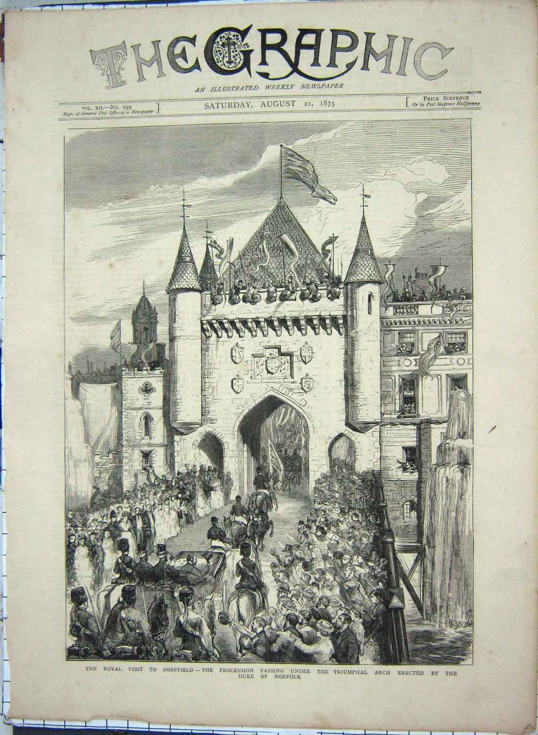 Antique Old Print Ref.932 1875 Queen Sheffield Triumphal Arch Duke Norfolk
