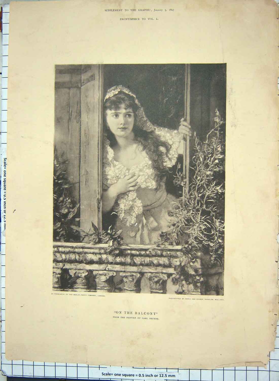 Original Old Antique Print 1895 Beautiful Lady Balcony Carl Becker Fine Art