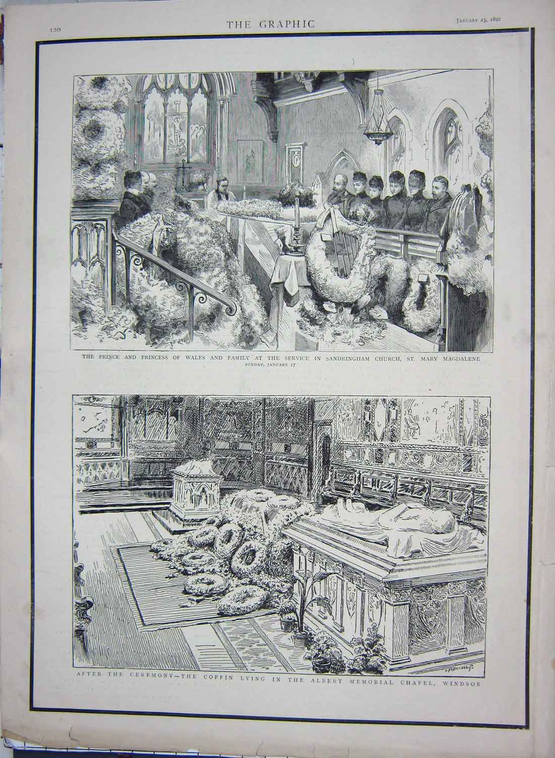Old Antique Print 1892 Prince Wales Sandringham Church Magdalene Windsor 19th