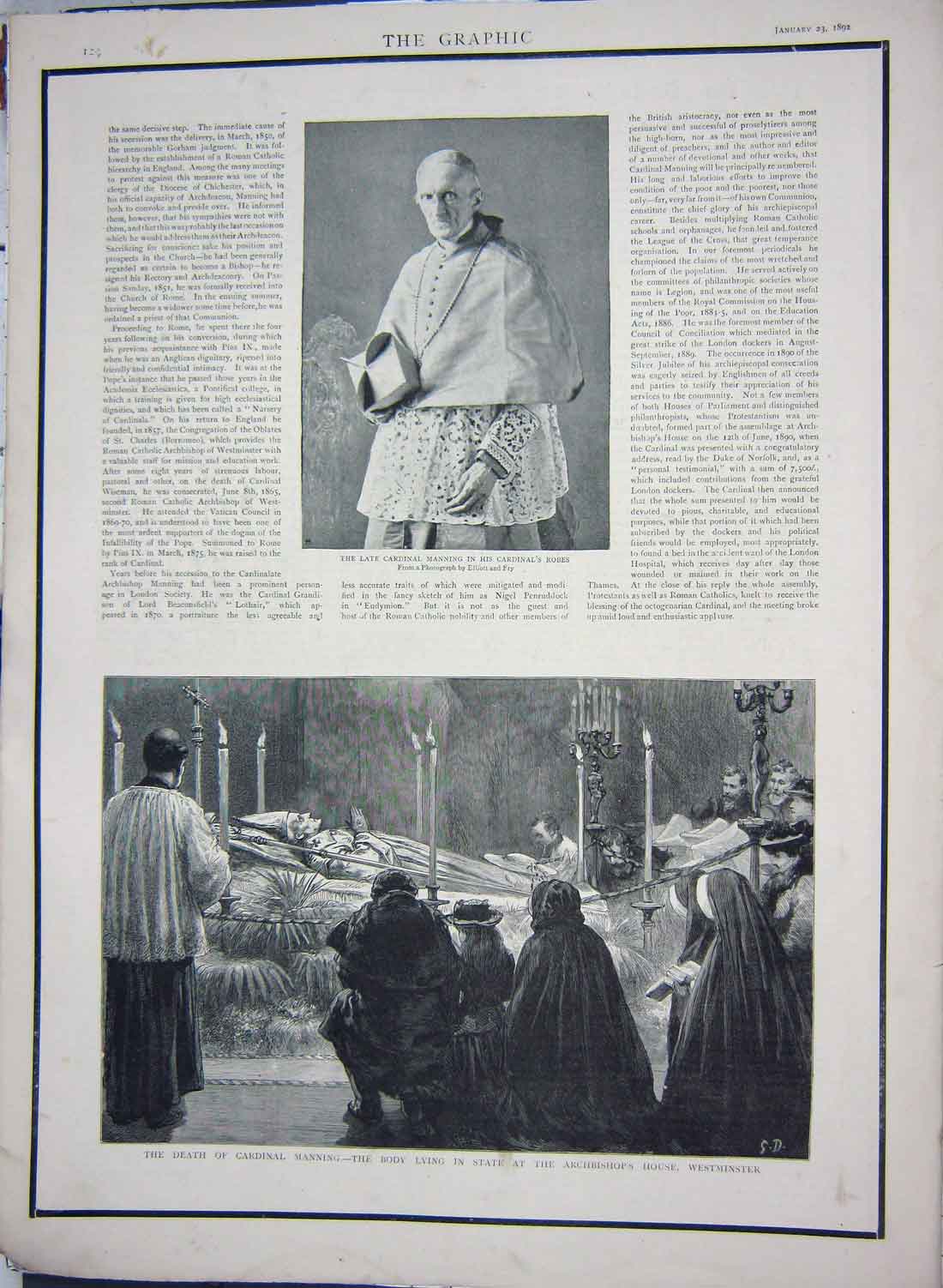 Original Old Antique Print 1892 Cardinal Manning Robes Archbishop Westminster
