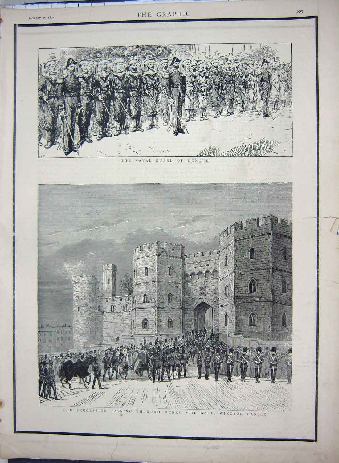 Old Antique Print 1892 Naval Guard Honour Procession Henry Gate Windsor 19th