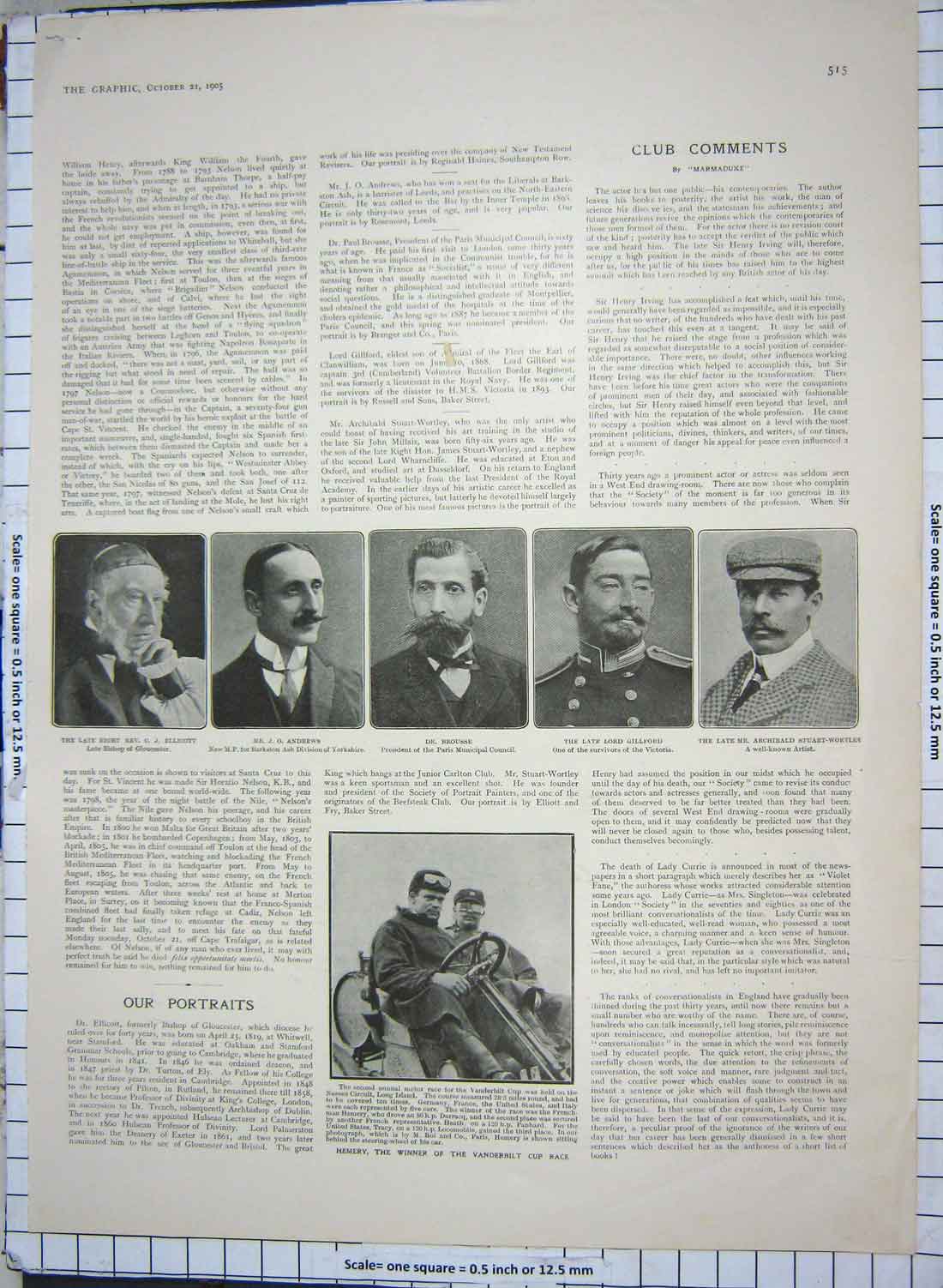 Original Old Antique Print 1905 Hemery Vanderbilt Cup Race Brousse Andrews Lord