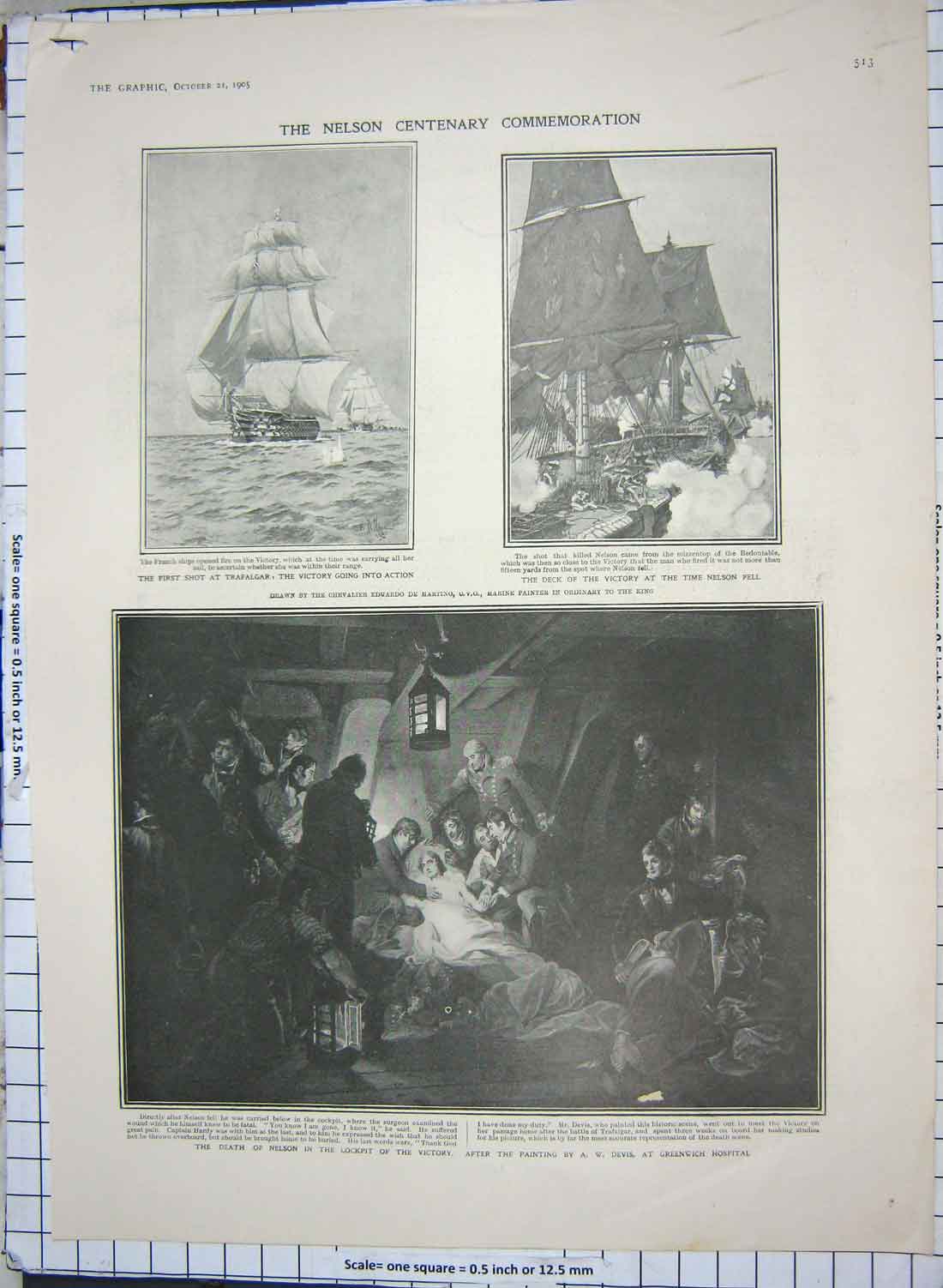 Old Antique Print 1905 Ship Victory Trafalgar Nelson Greenwich Hospital 20th