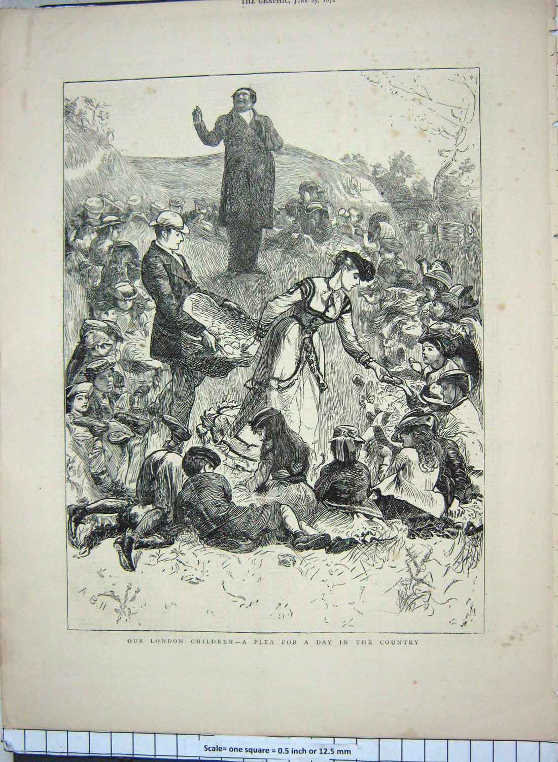 Original Old Antique Print 1872 London School Children Country Picnic Victorian