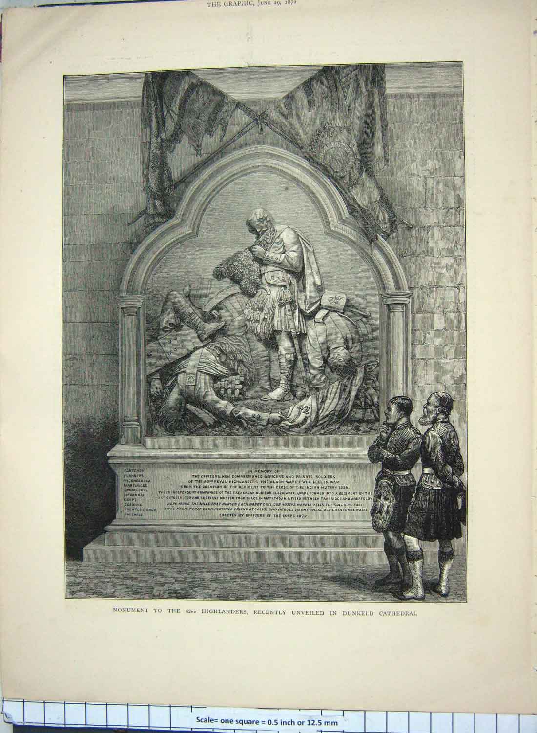 Old Antique Print 1872 Monument 42Nd Highlanders Army Dunkeld Cathedral 19th