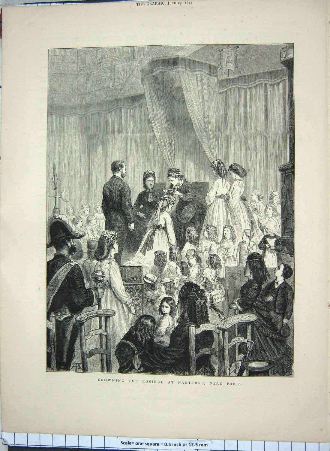 Original Old Antique Print 1872 Children Crowning Rosiere Nanterre Paris France