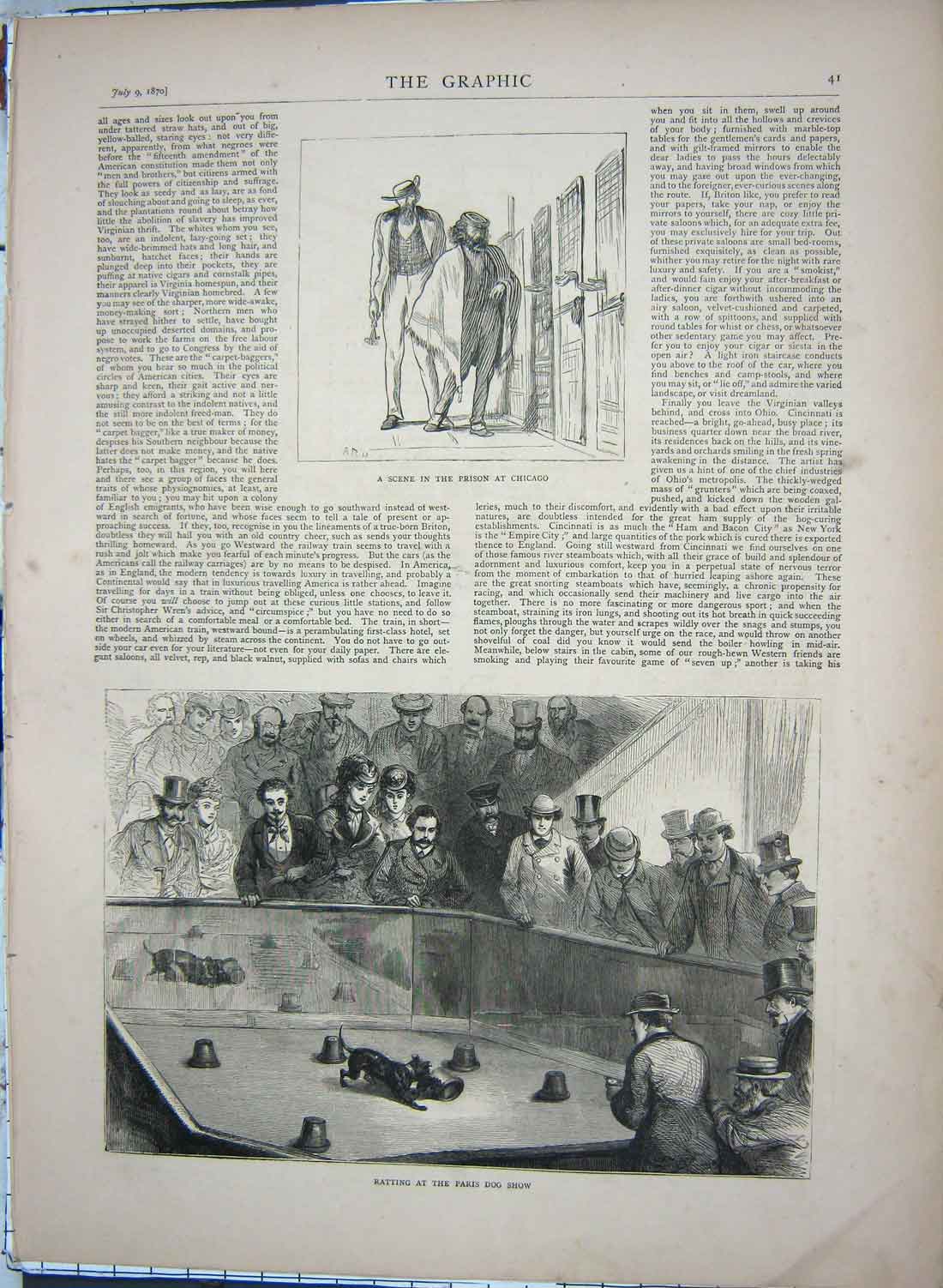 Original Old Antique Print 1870 Prison Chicago Ratting Paris Dog Show Hunting