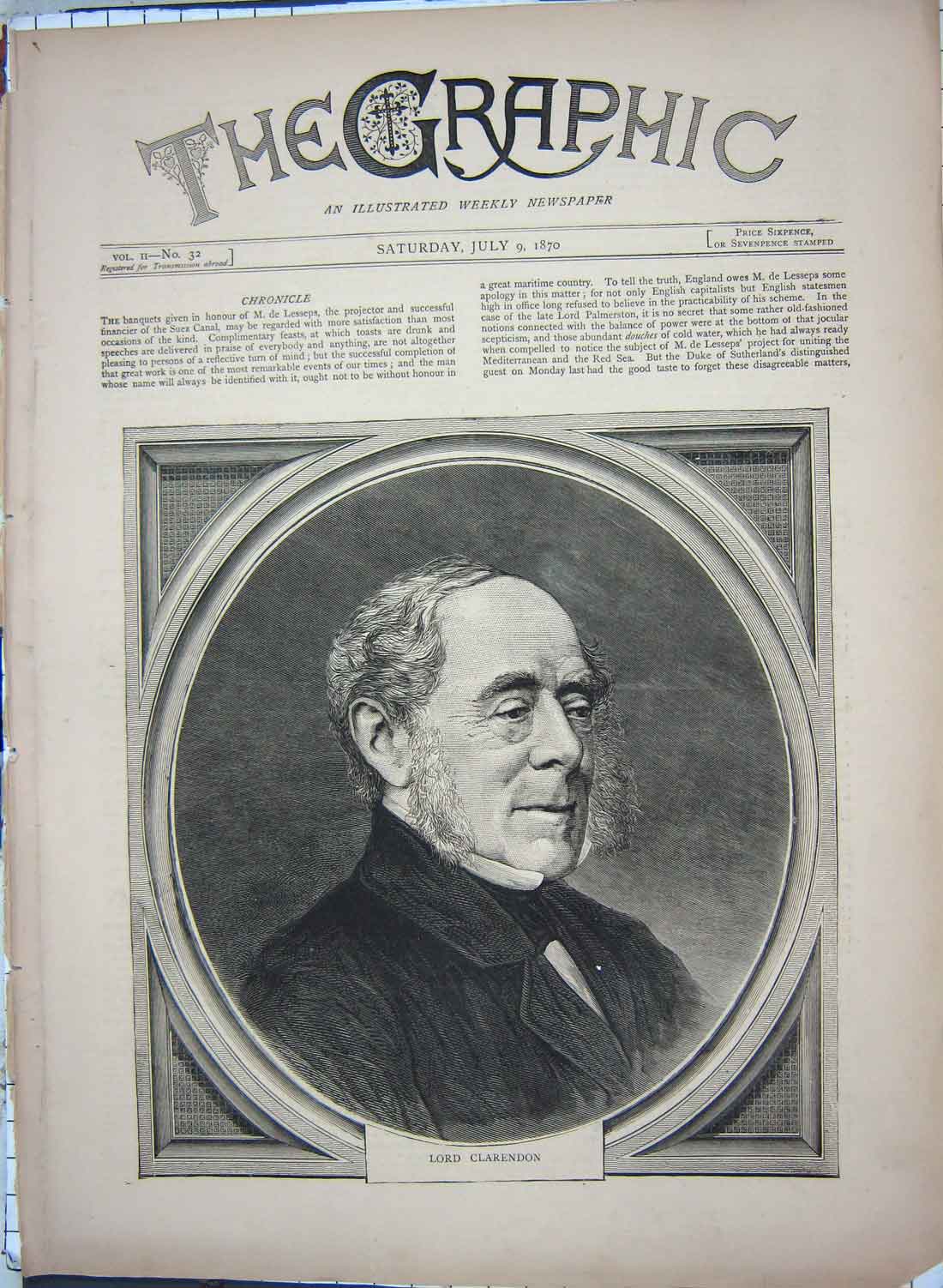 Original Old Antique Print 1870 Portrait Lord Clarendon 19th Century