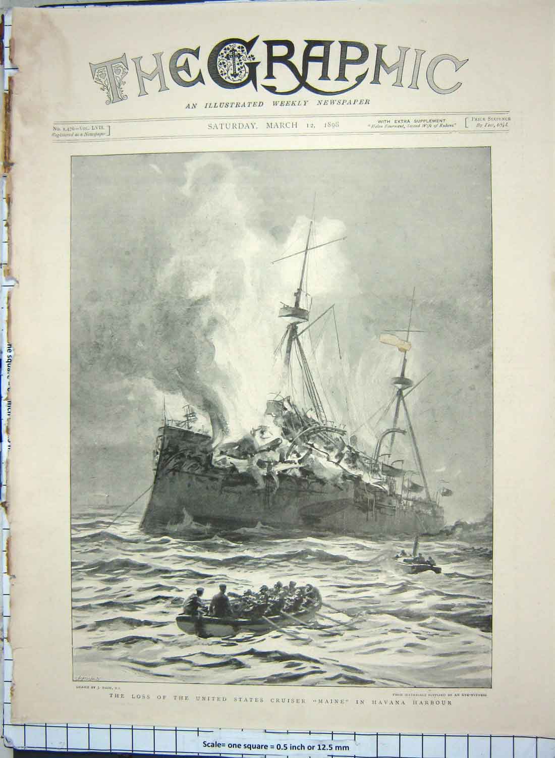 Original Old Antique Print 1893 United States Cruiser Ship Maine Havana Harbour