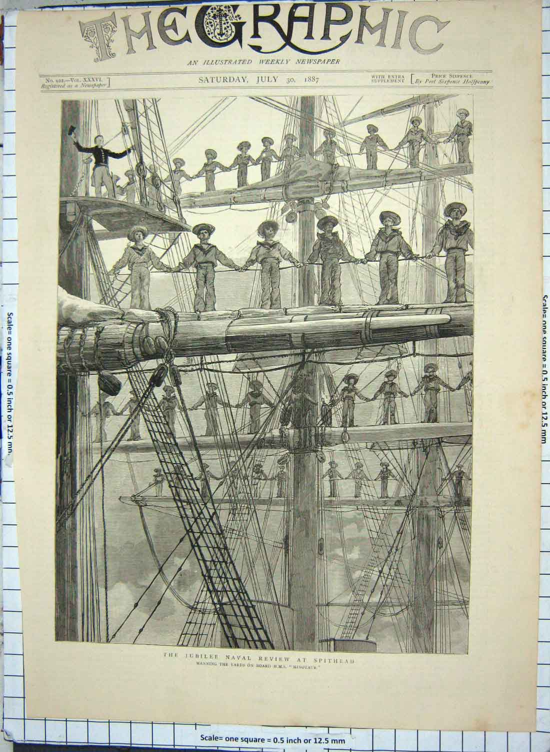 Old Antique Print 1887 Jubilee Naval Spithead Manning Yards Minotaur Ship 19th