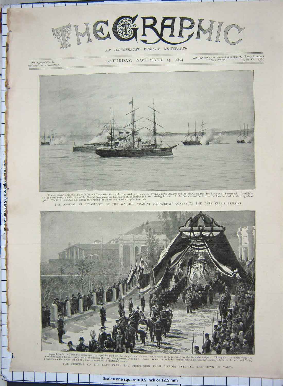 Original Old Antique Print 1894 Sevastopol War Ship Pamiat Merkuriya Czar Yalta