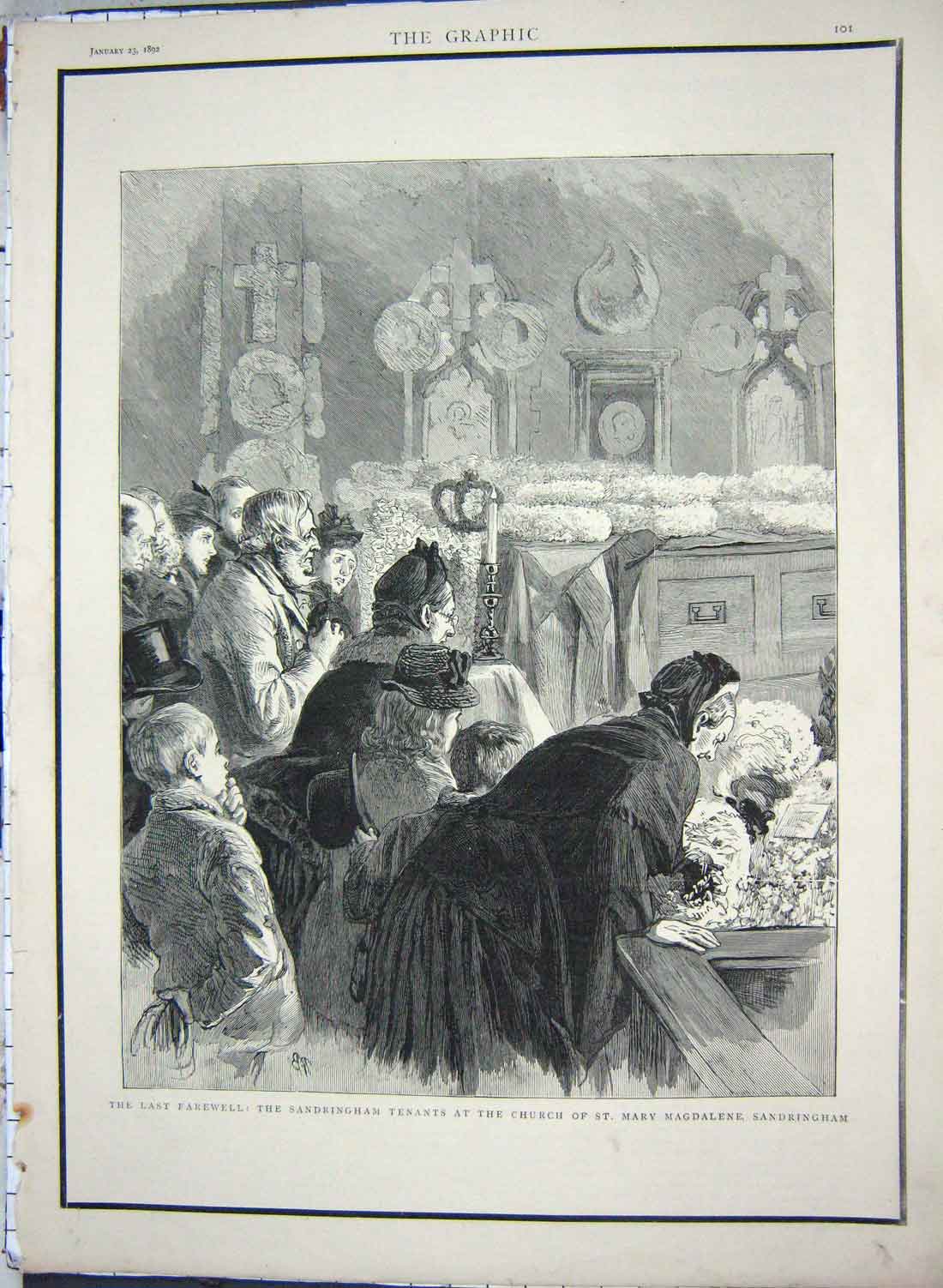 Original Old Antique Print 1892 Sandringham Tenants Church St. Mary Magdalene