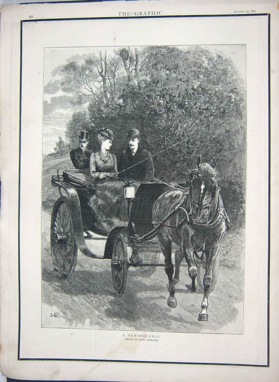 Original Old Antique Print 1892 John Charlton Fine Art Romanc Horse Carriage