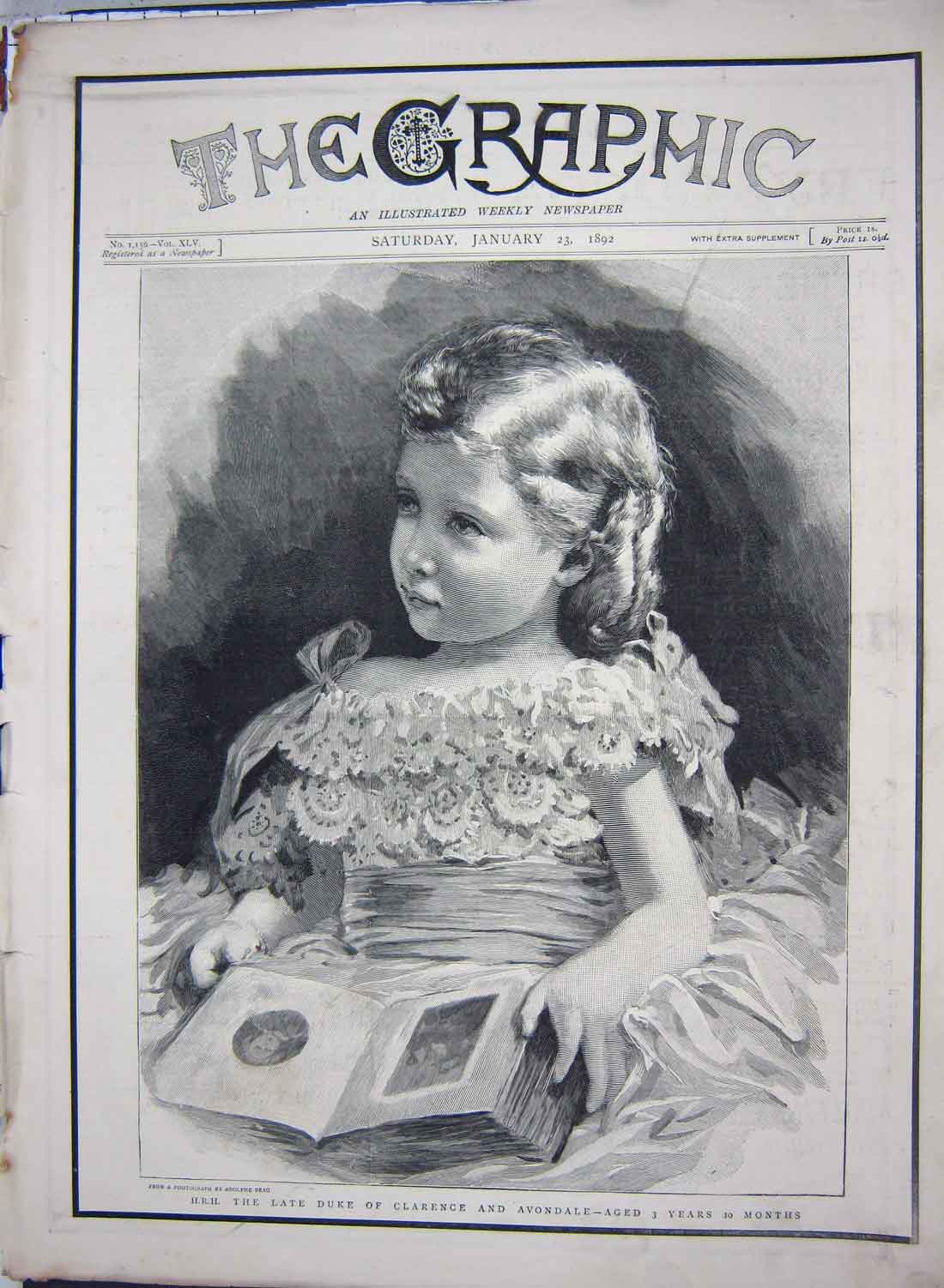Original Old Antique Print 1892 Portrait H.R.H. Duke Clarence Avondale 19th