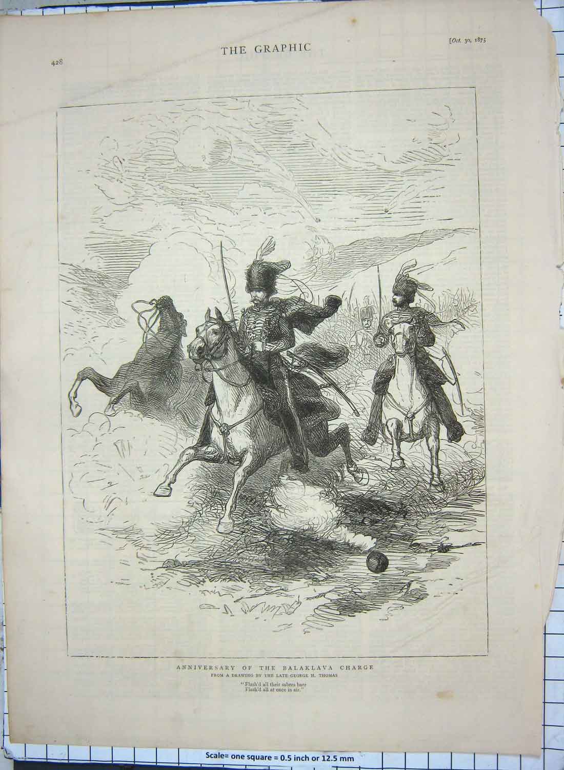 Original Old Antique Print 1875 Balaklava Charge Siers Horses George Thomas