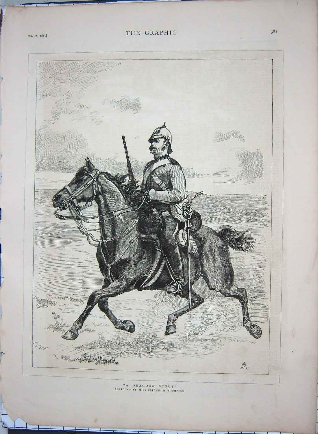 Original Old Antique Print 1875 Portrait Dragoon Scout Sier Horse War Victorian