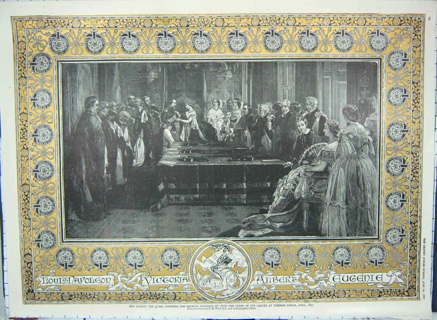 Original Old Antique Print 1887 Queen Emperor Napoleon Garter Windsor Castle