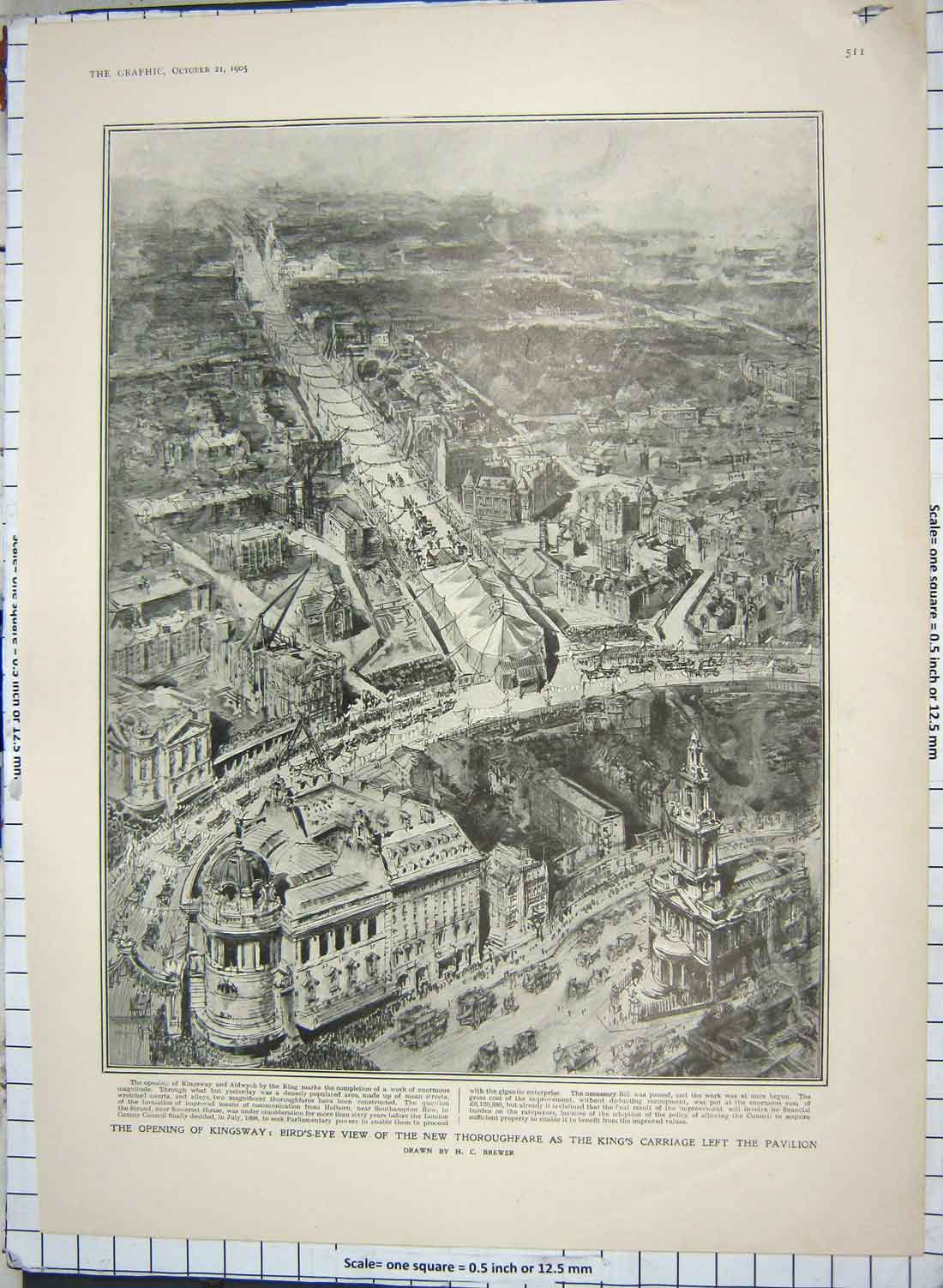Old Antique Print 1905 Birds-Eye View Kingsway Death Nelson Westminster 20th
