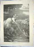 Original Old Antique Print 1898 Man Woman River Romance Garden Scene Browne