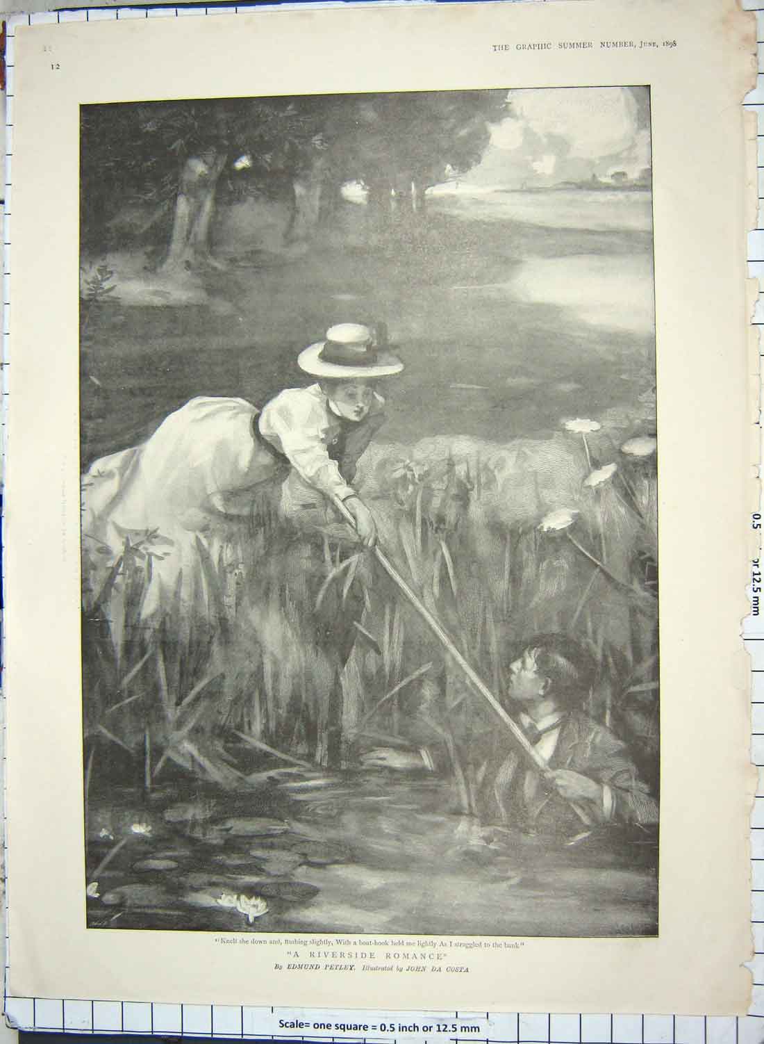 Original Old Antique Print 1898 Man Woman River Romance Garden Scene Browne