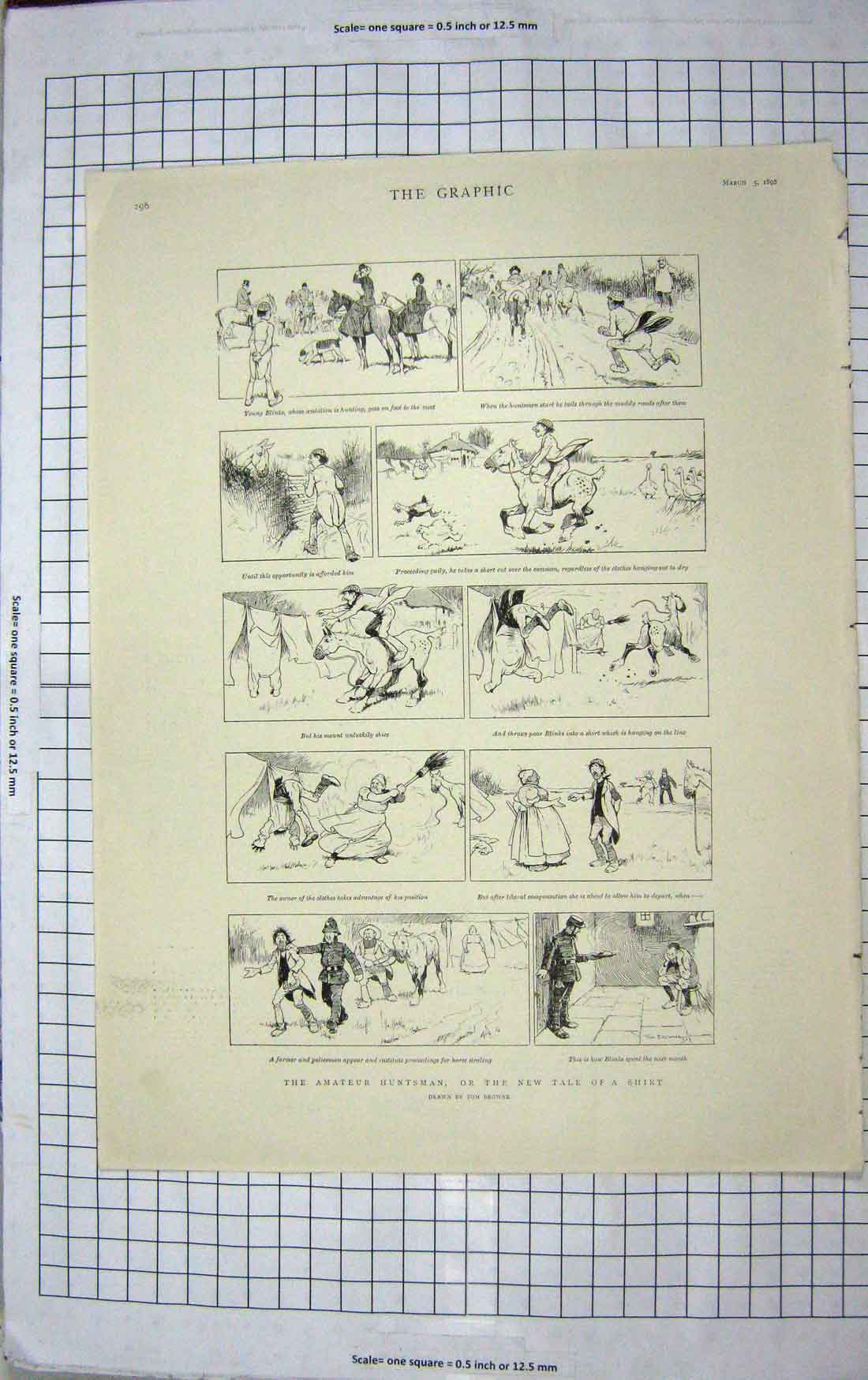 Original Old Antique Print 1898 Comedy Sketches Huntsman Horse Hunting Sport