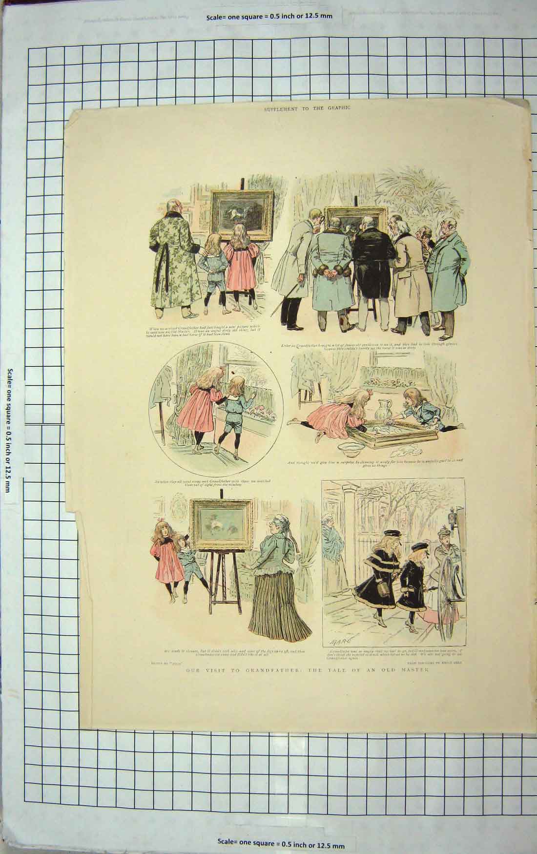 Original Old Antique Print Colour Children Grandfather Art Paintings