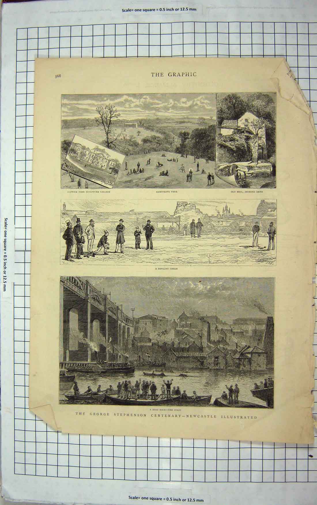 Original Old Antique Print 1881 George Stephenson Newcastle Armstrong Bowling