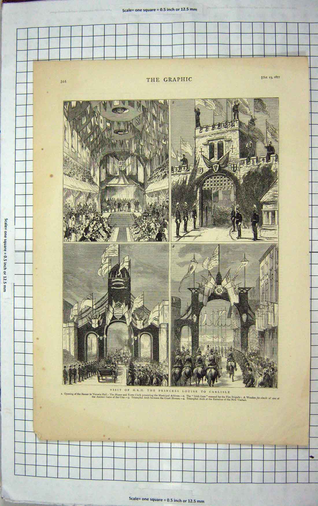 Old Antique Print 1877 Princess Louise Carlisle Victoria Hall Irish Gate 19th