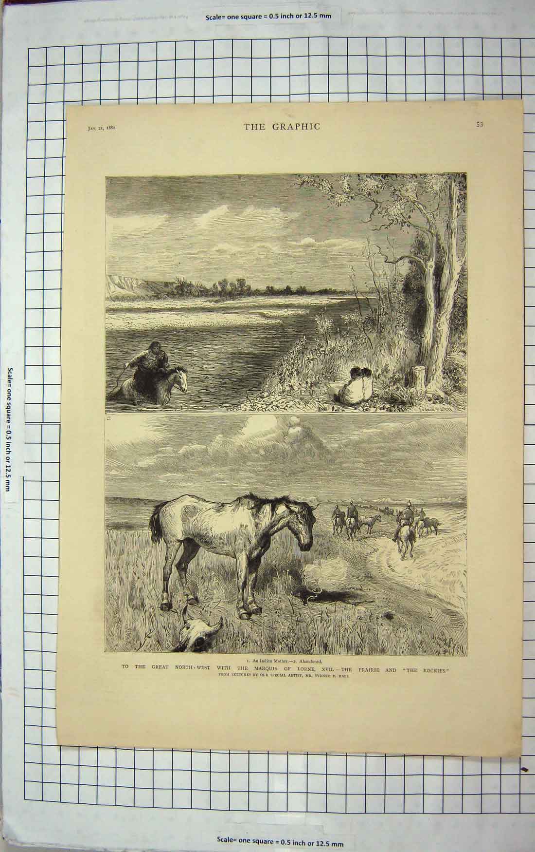 Original Old Antique Print 1882 Marquis Lorne Canada Prairie Rockies Mountains